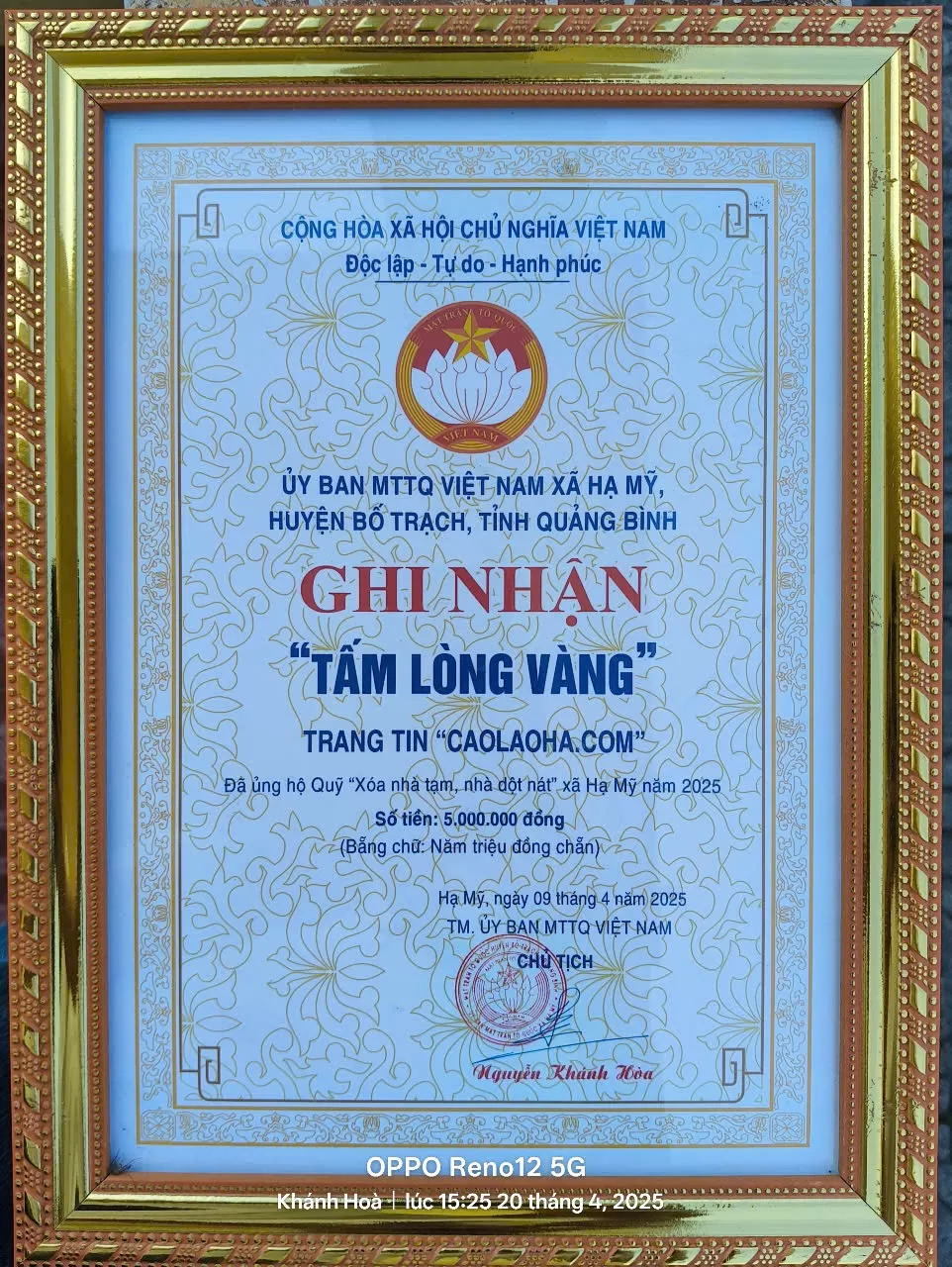 Ghi nhận sự đóng góp kinh phí của trang tin caolaoha.com