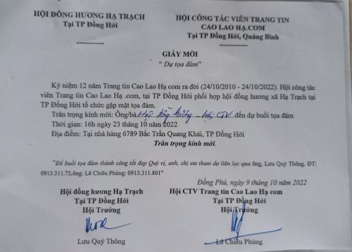 Thư mời bà con yêu mến caolaoha.com giao lưu tại Đồng Hới