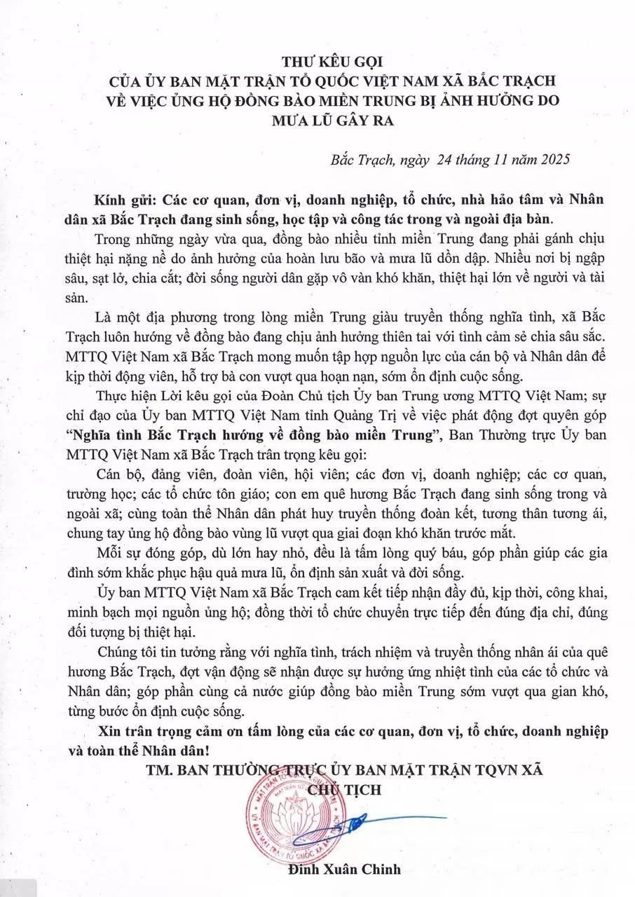 Thư kêu gọi của UBMTTQ Việt Nam xã Bắc Trạch