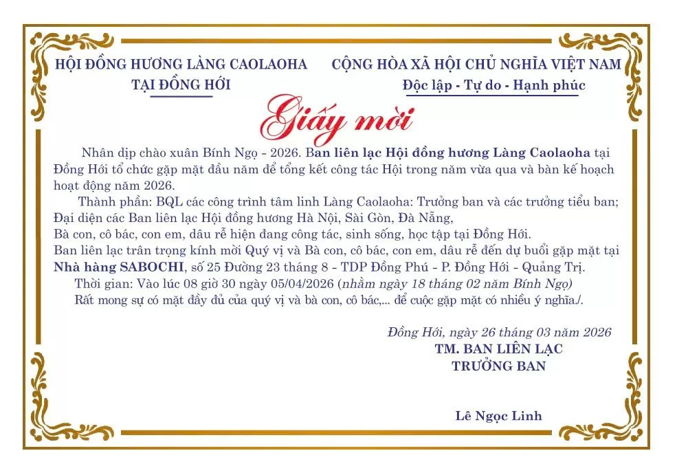 Hội đồng hương Cao Lao Hạ tại Đồng Hới và Đà Nẵng mời gặp mặt đầu xuân